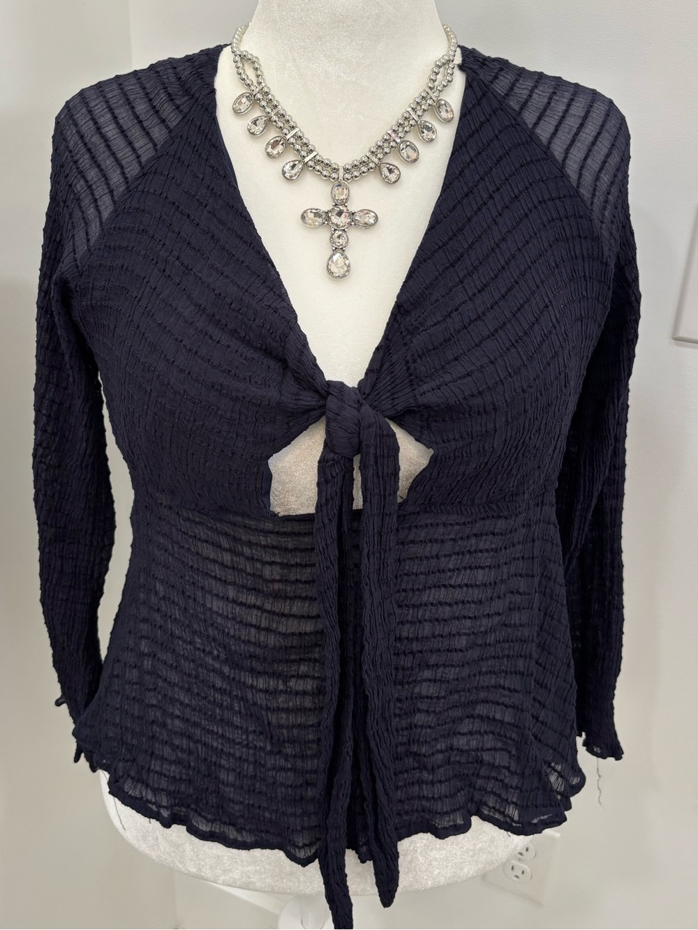 Tie-Front Navy Women's Textured Long-Sleeve Top